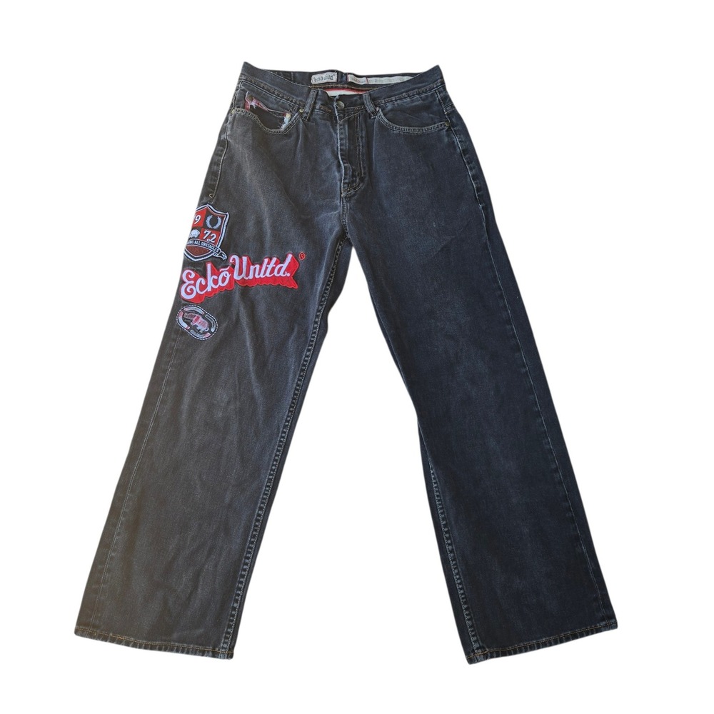 Vintage Ecko Unltd Baggy Jeans Black Embroidered Rhino Skate 32x30
